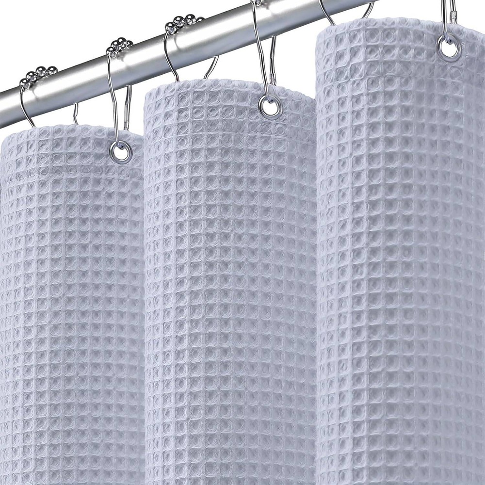 XOGUIBO Waffle Weave Shower Curtain Light Blue Cotton Blend Matte Spa Style